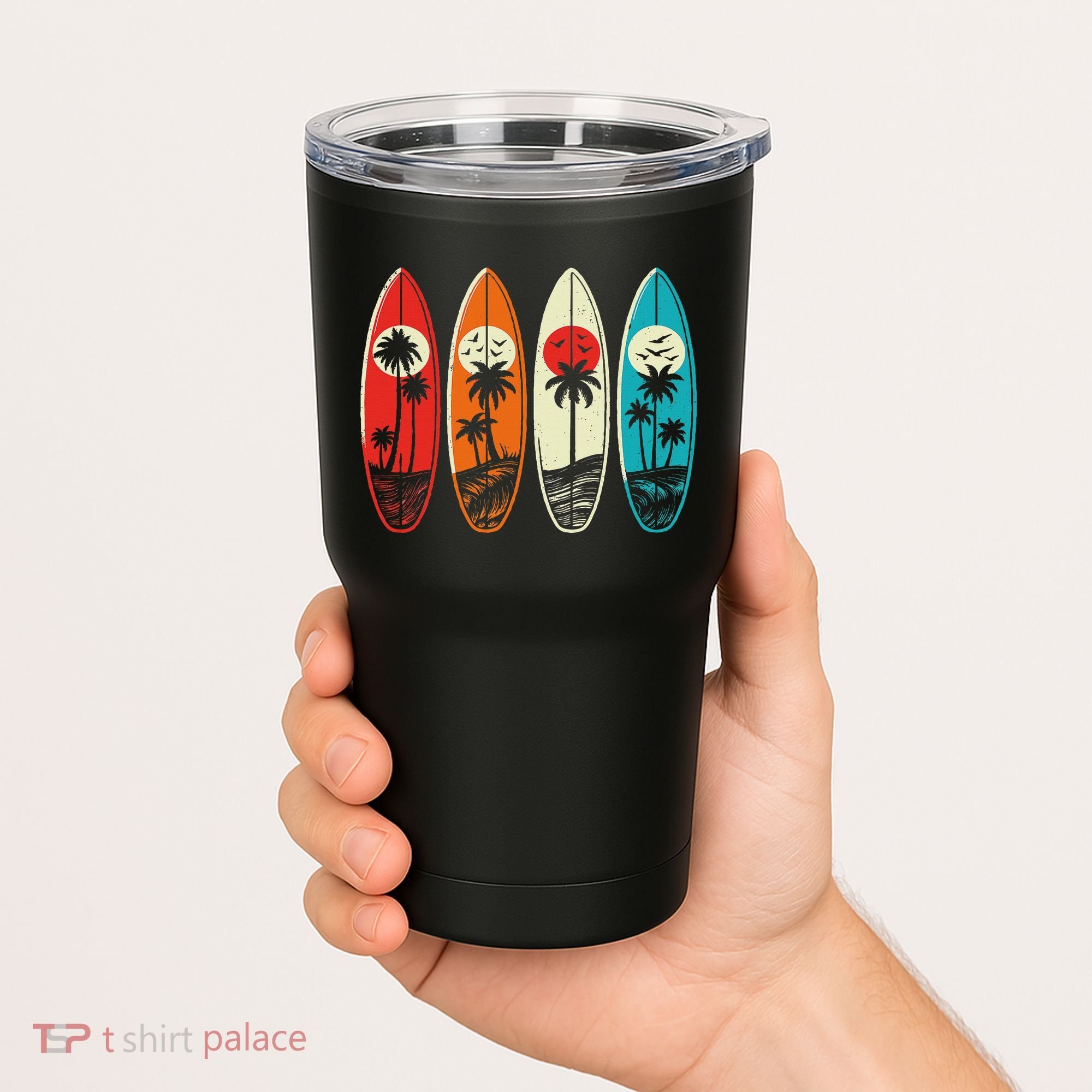 Tropical Hawaii Palm Surfing Beach Surfboard Retro Surf Tumbler