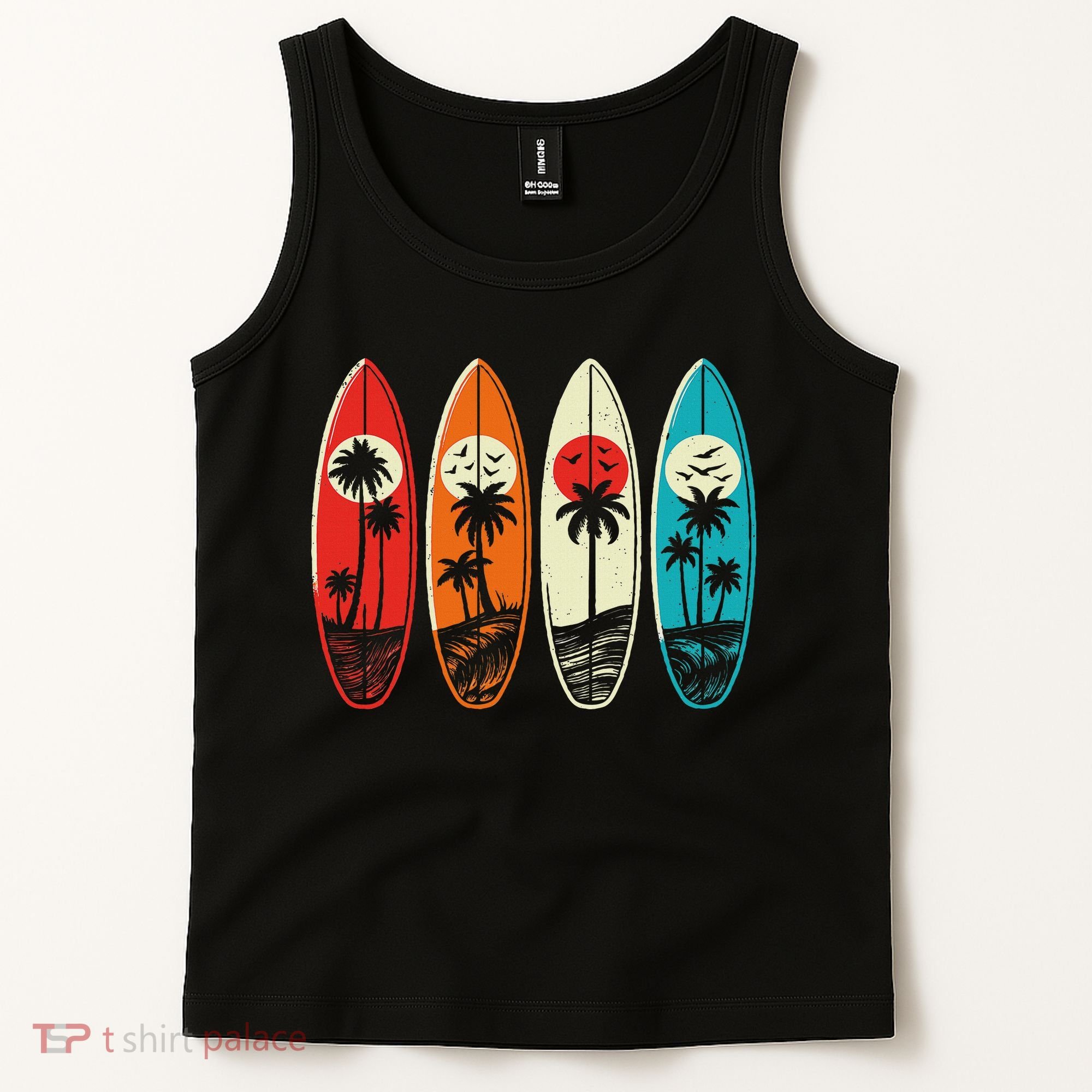 Tropical Hawaii Palm Surfing Beach Surfboard Retro Surf Tank Top