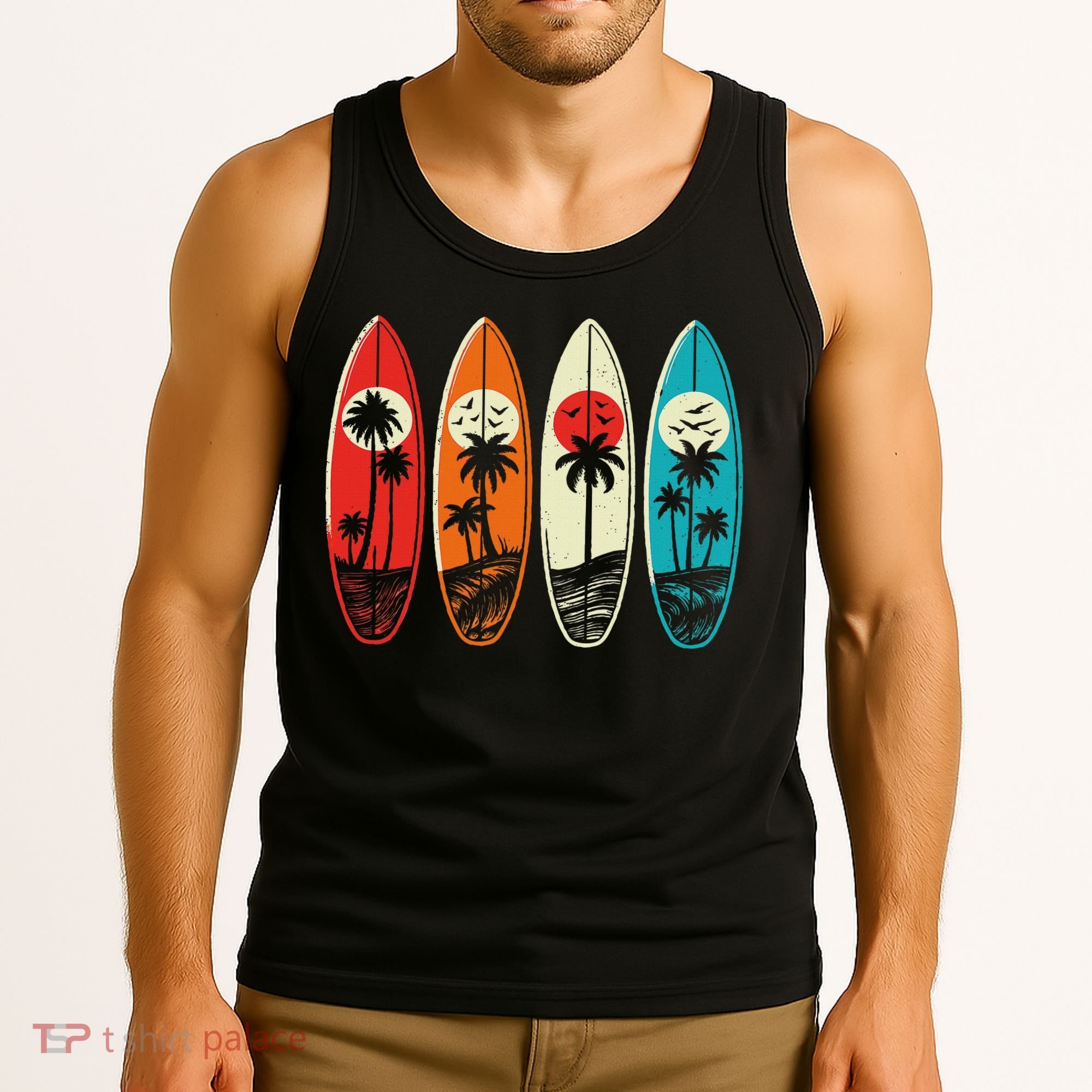 Tropical Hawaii Palm Surfing Beach Surfboard Retro Surf Tank Top