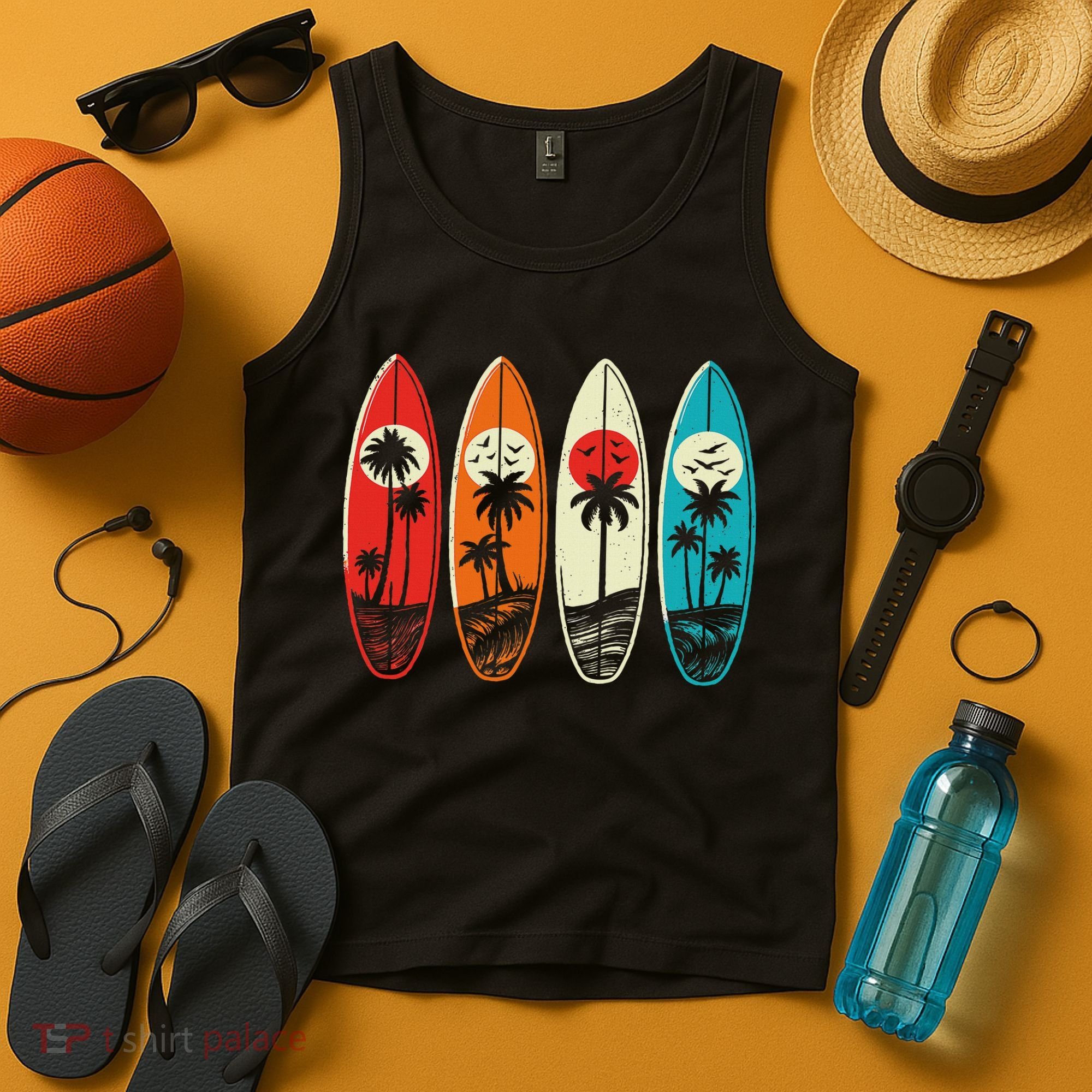 Tropical Hawaii Palm Surfing Beach Surfboard Retro Surf Tank Top