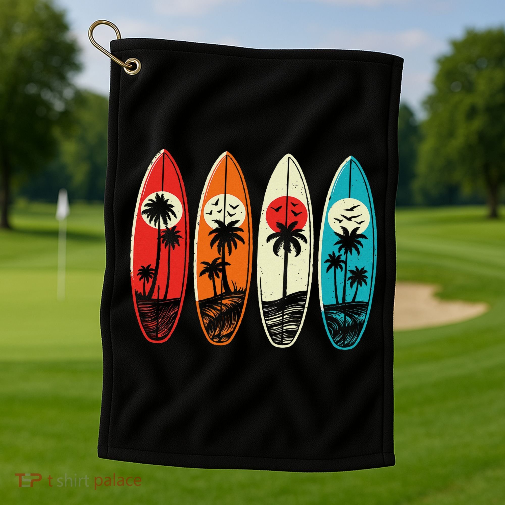 Tropical Hawaii Palm Surfing Beach Surfboard Retro Surf Golf Towel