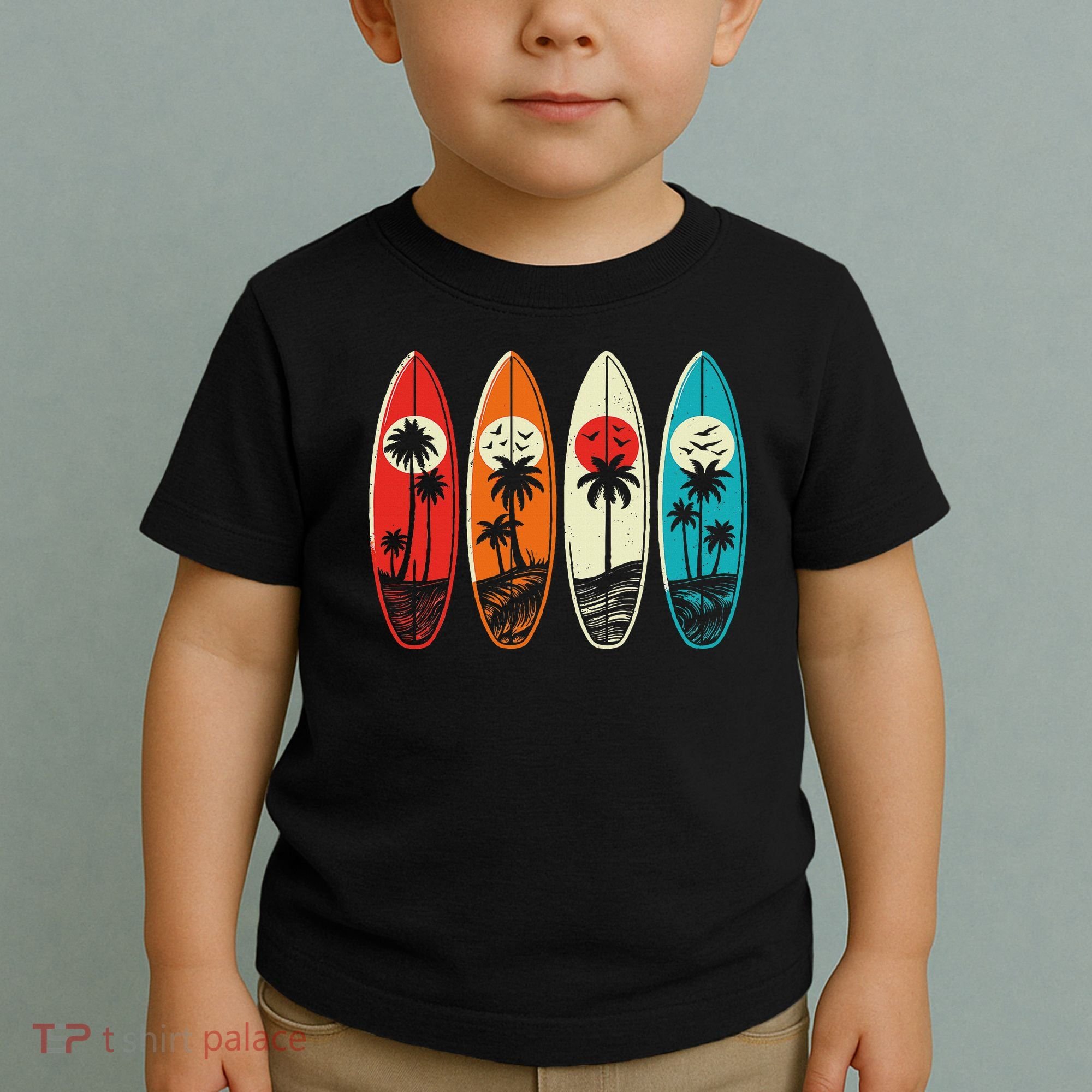 Tropical Hawaii Palm Surfing Beach Surfboard Retro Surf Toddler T-Shirt
