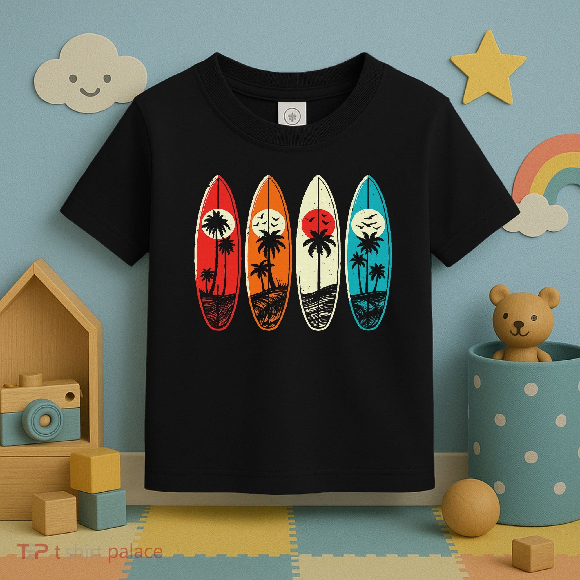 Tropical Hawaii Palm Surfing Beach Surfboard Retro Surf Toddler T-Shirt