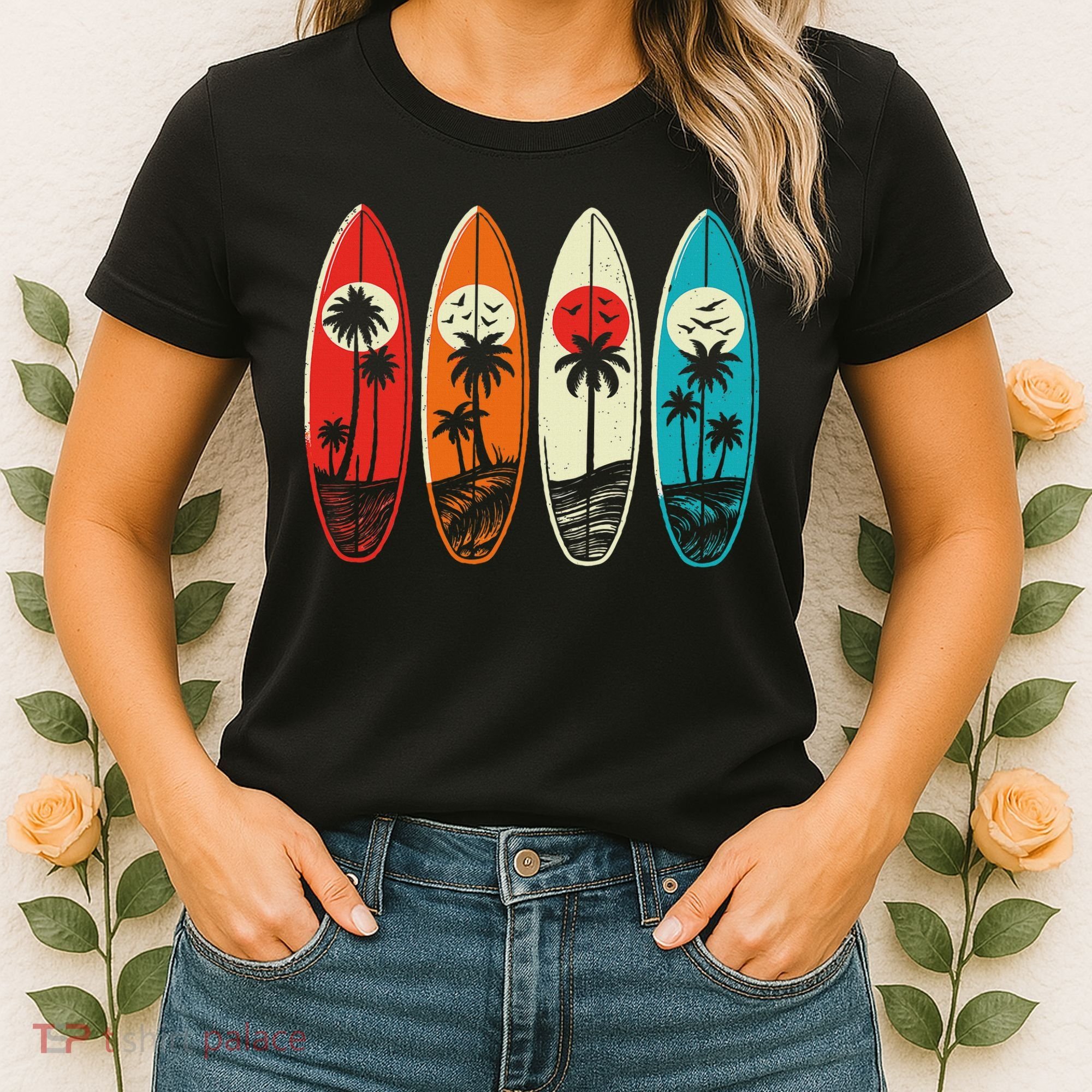 Tropical Hawaii Palm Surfing Beach Surfboard Retro Surf Women's T-Shirt