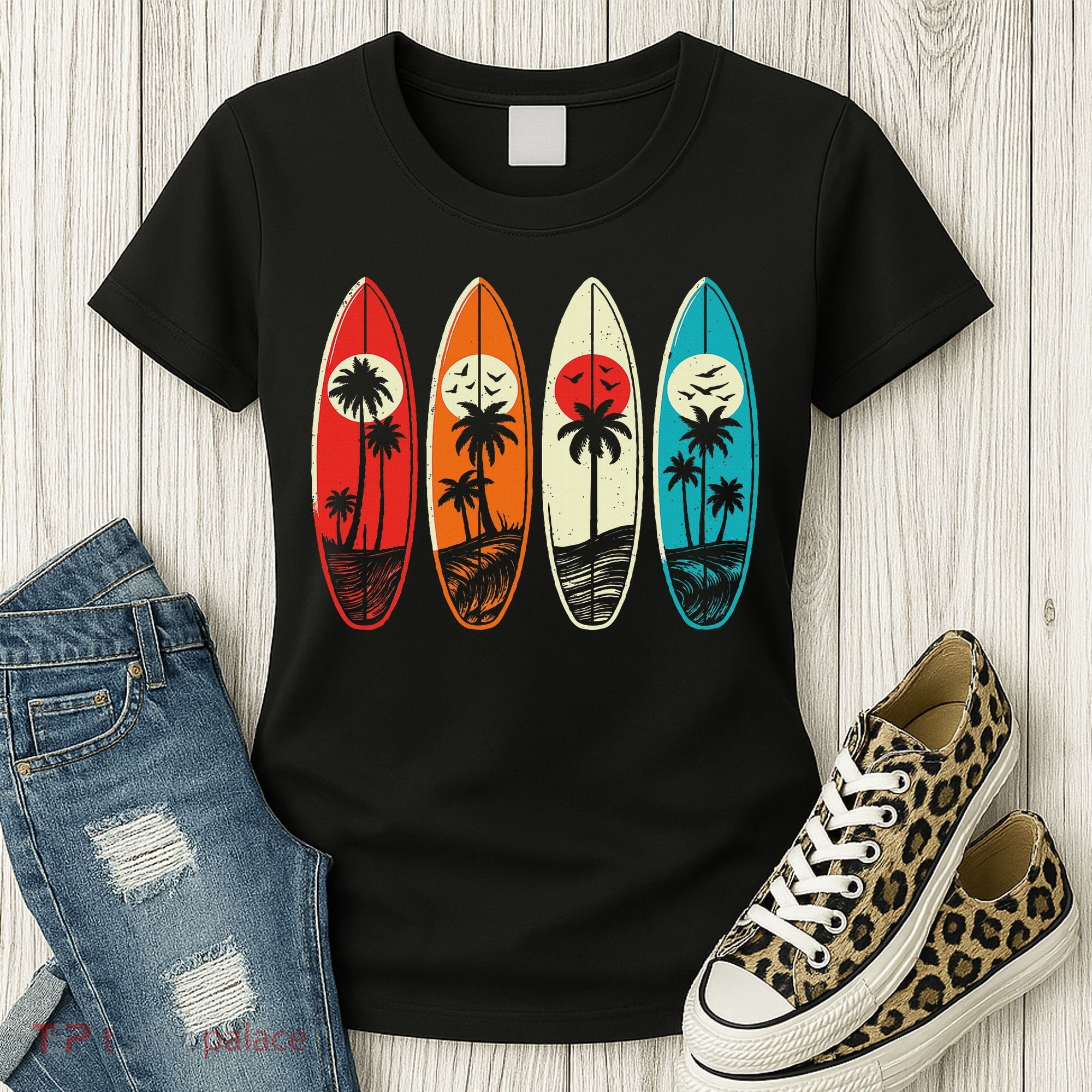 Tropical Hawaii Palm Surfing Beach Surfboard Retro Surf Women's T-Shirt