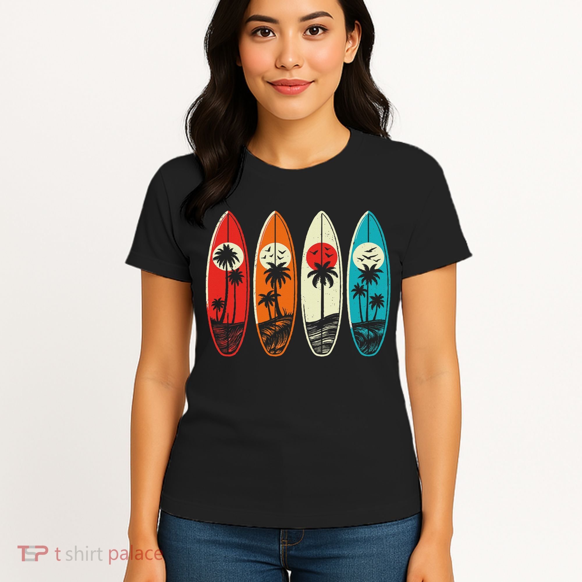 Tropical Hawaii Palm Surfing Beach Surfboard Retro Surf Women's T-Shirt