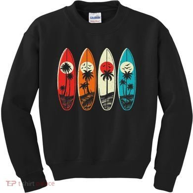Tropical Hawaii Palm Surfing Beach Surfboard Retro Surf Kids Sweatshirt