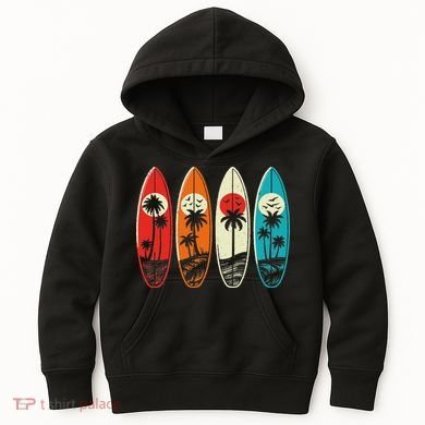 Tropical Hawaii Palm Surfing Beach Surfboard Retro Surf Kids Hoodie