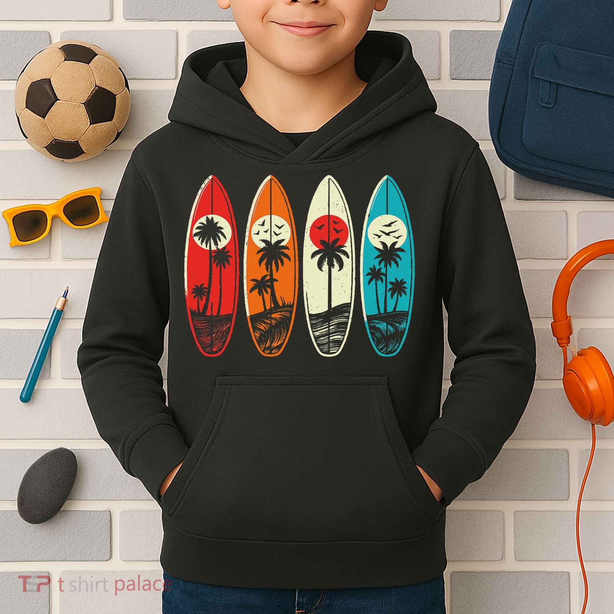 Tropical Hawaii Palm Surfing Beach Surfboard Retro Surf Kids Hoodie
