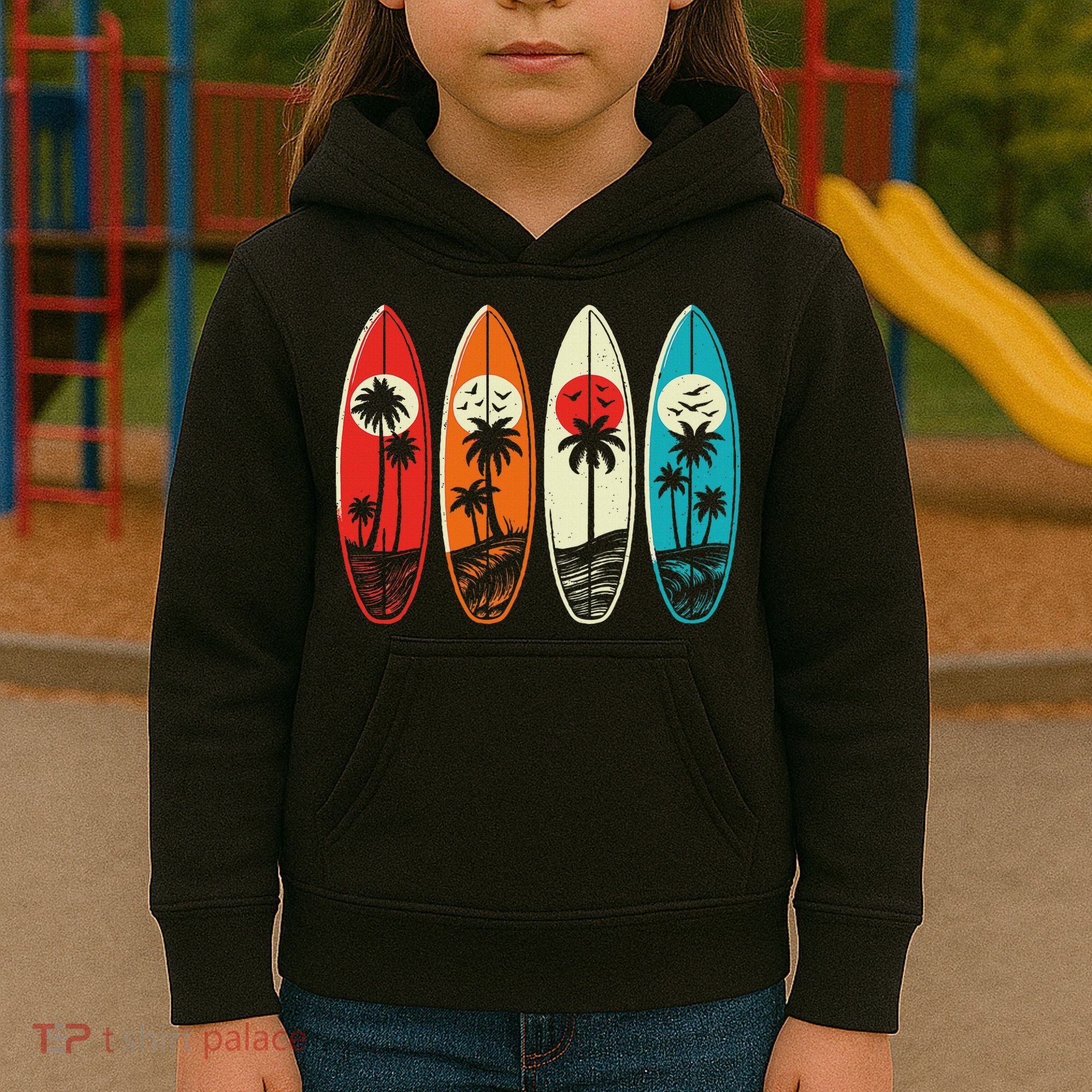 Tropical Hawaii Palm Surfing Beach Surfboard Retro Surf Kids Hoodie