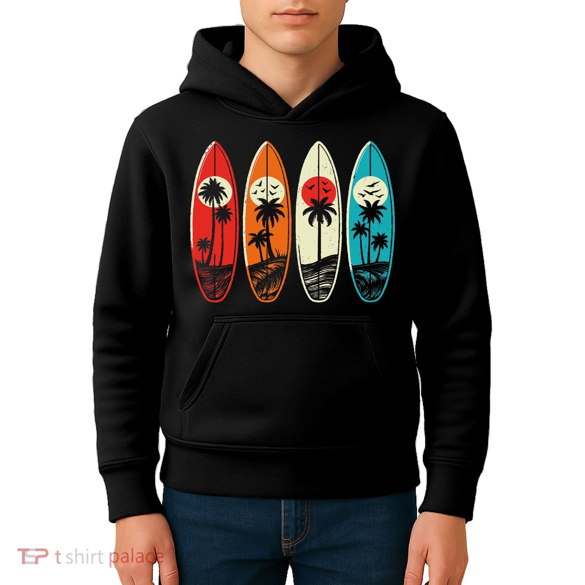 Tropical Hawaii Palm Surfing Beach Surfboard Retro Surf Kids Hoodie