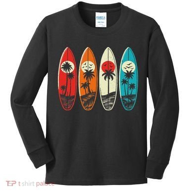 Tropical Hawaii Palm Surfing Beach Surfboard Retro Surf Kids Long Sleeve Shirt