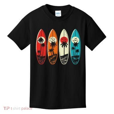 Tropical Hawaii Palm Surfing Beach Surfboard Retro Surf Kids T-Shirt