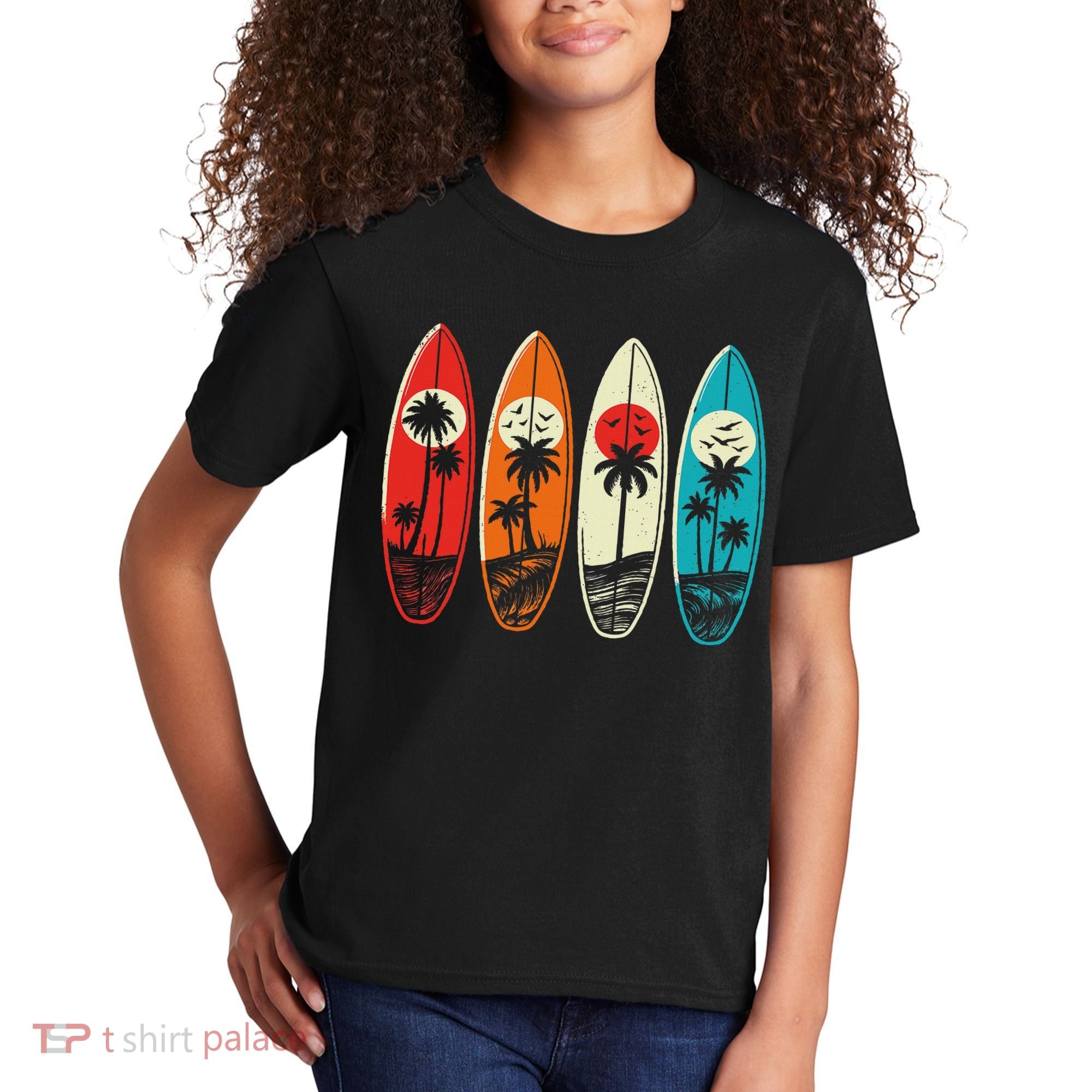 Tropical Hawaii Palm Surfing Beach Surfboard Retro Surf Kids T-Shirt