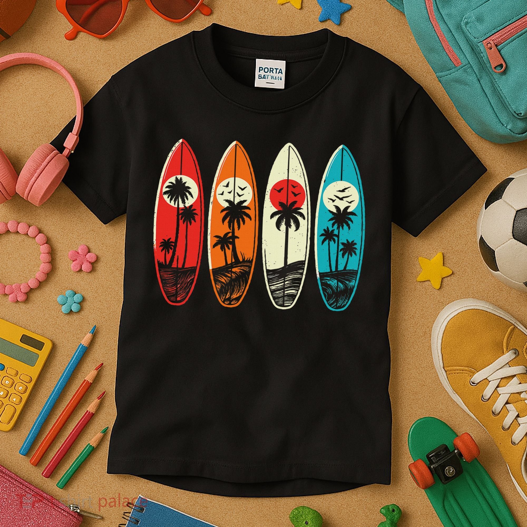 Tropical Hawaii Palm Surfing Beach Surfboard Retro Surf Kids T-Shirt