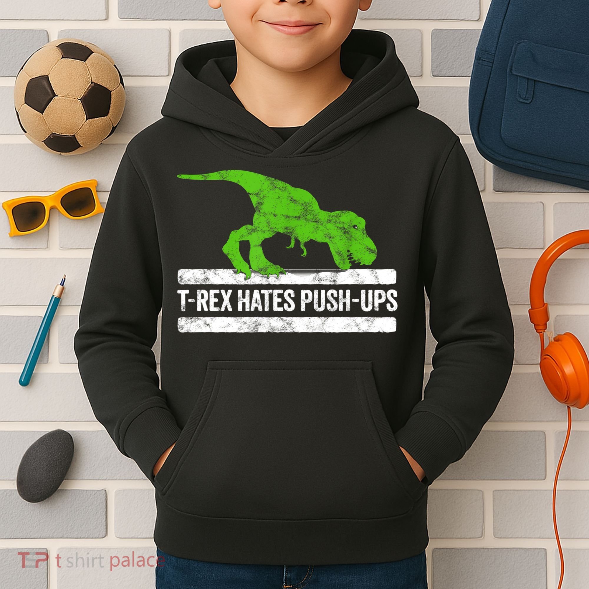 TRex Hates PushUps Dinosaur Funny Gym Push Ups Kids Hoodie