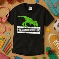 TRex Hates PushUps Dinosaur Funny Gym Push Ups Kids T-Shirt thumb 3