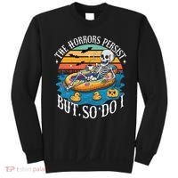 The Horrors Persist But So Do I Humor Skeleton Coffee Lover Sweatshirt thumb 0