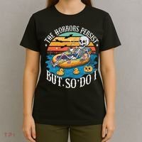 The Horrors Persist But So Do I Humor Skeleton Coffee Lover T-Shirt thumb 4