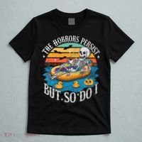 The Horrors Persist But So Do I Humor Skeleton Coffee Lover T-Shirt thumb 5