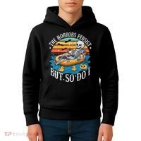 The Horrors Persist But So Do I Humor Skeleton Coffee Lover Kids Hoodie thumb 4