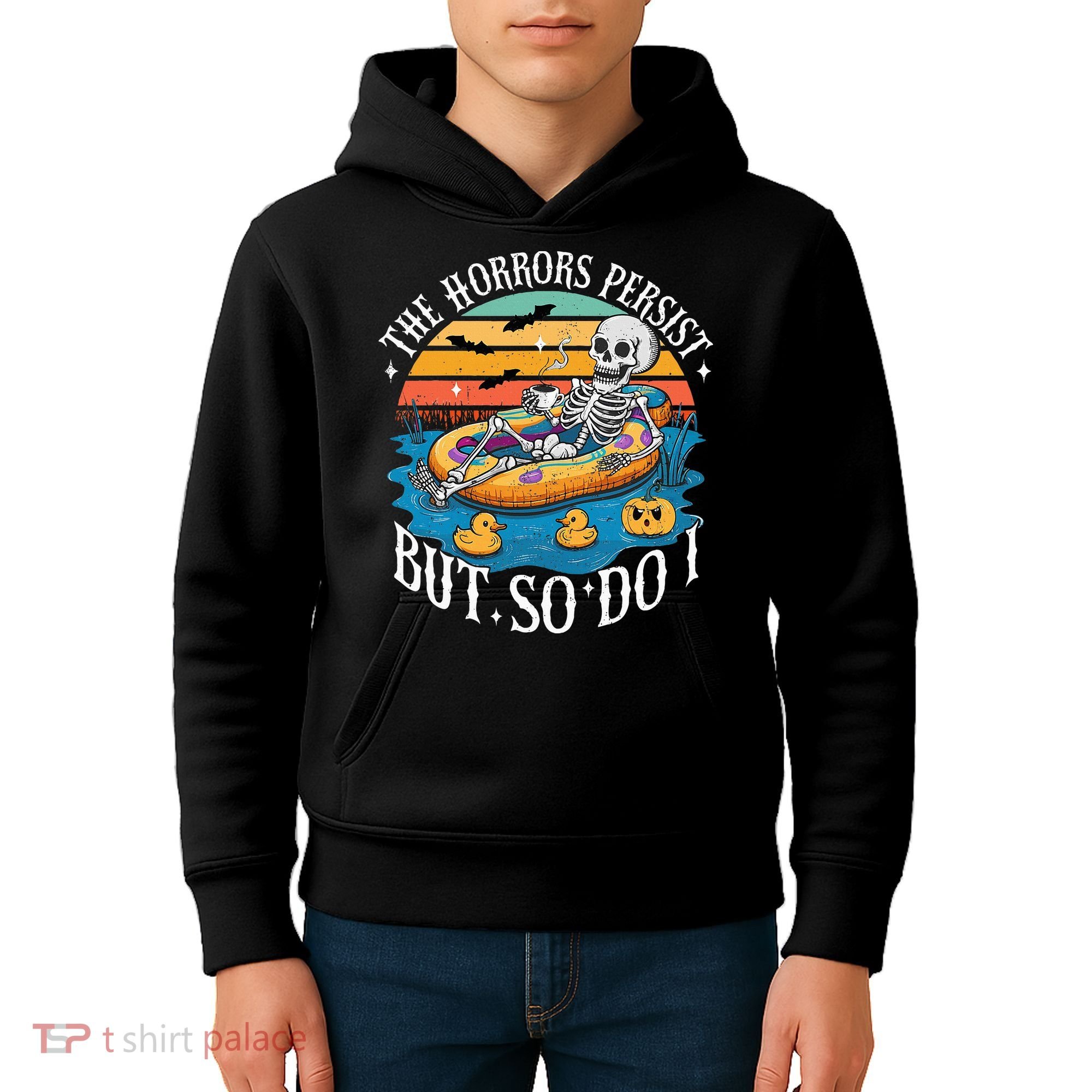 The Horrors Persist But So Do I Humor Skeleton Coffee Lover Kids Hoodie