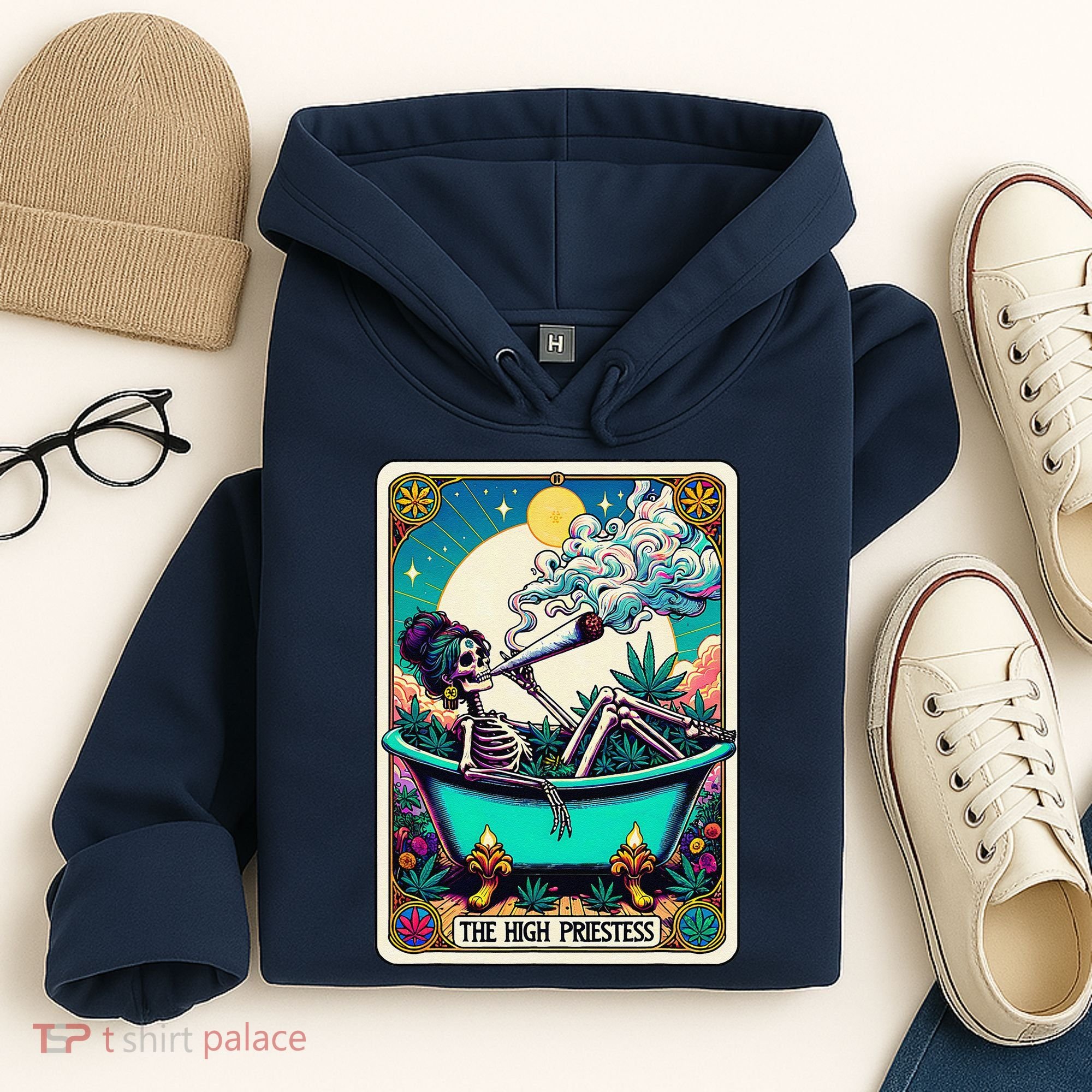The High Priest.Ess Retro Skeleton Marijuana Weed Tarot Card Hoodie