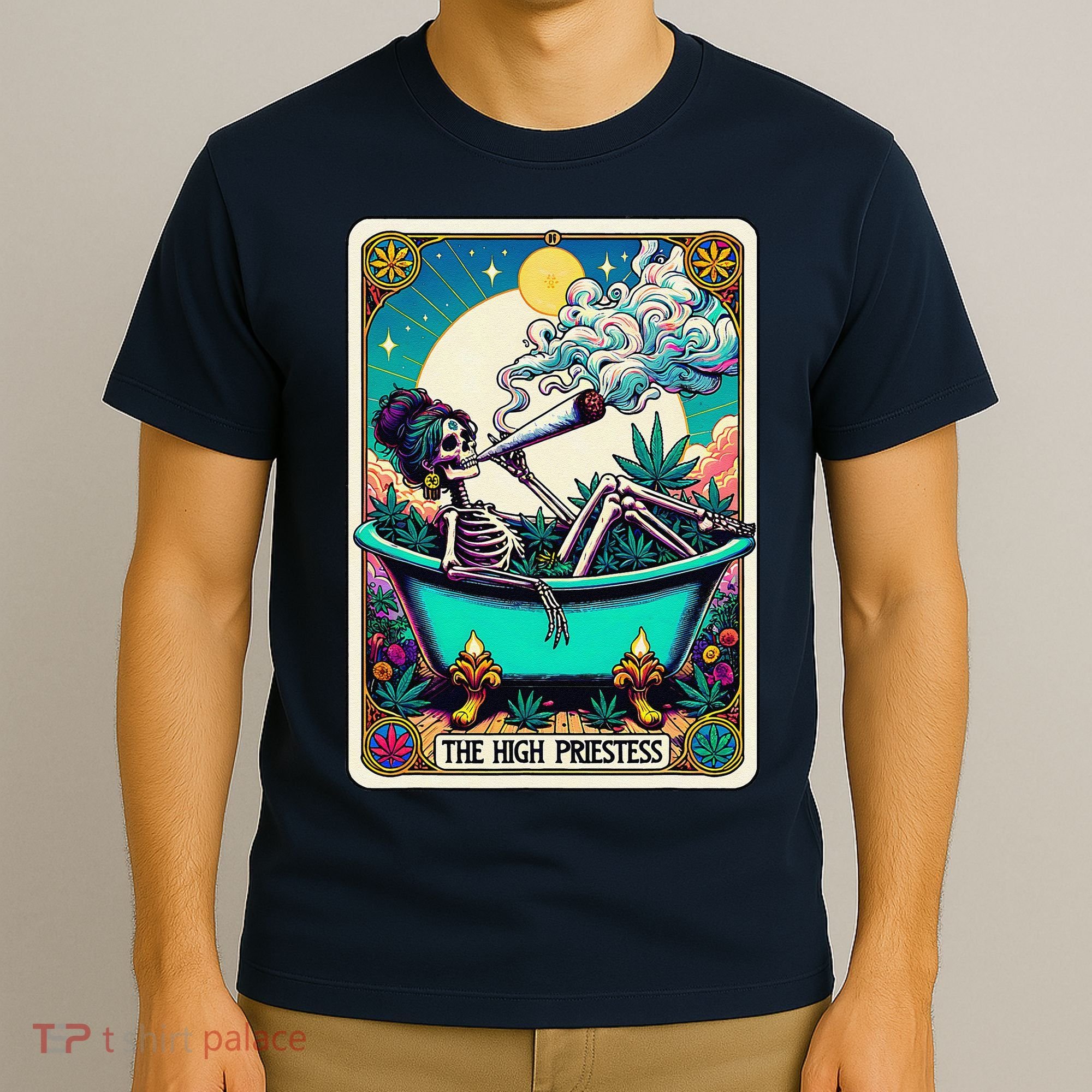 The High Priest.Ess Retro Skeleton Marijuana Weed Tarot Card T-Shirt
