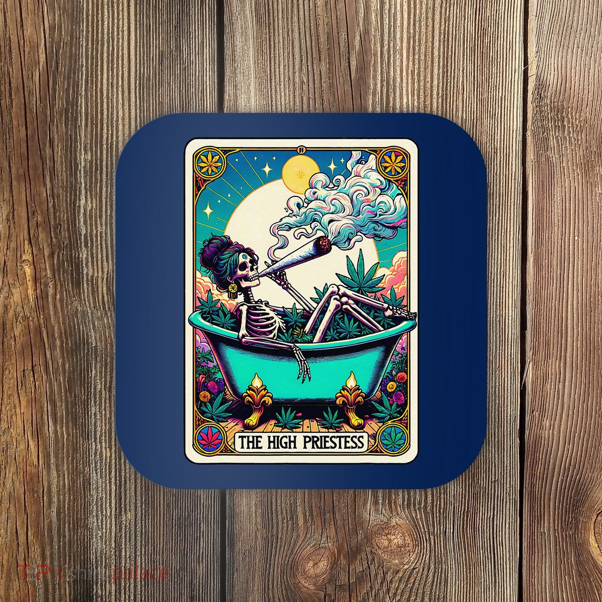 The High Priest.Ess Retro Skeleton Marijuana Weed Tarot Card Coaster