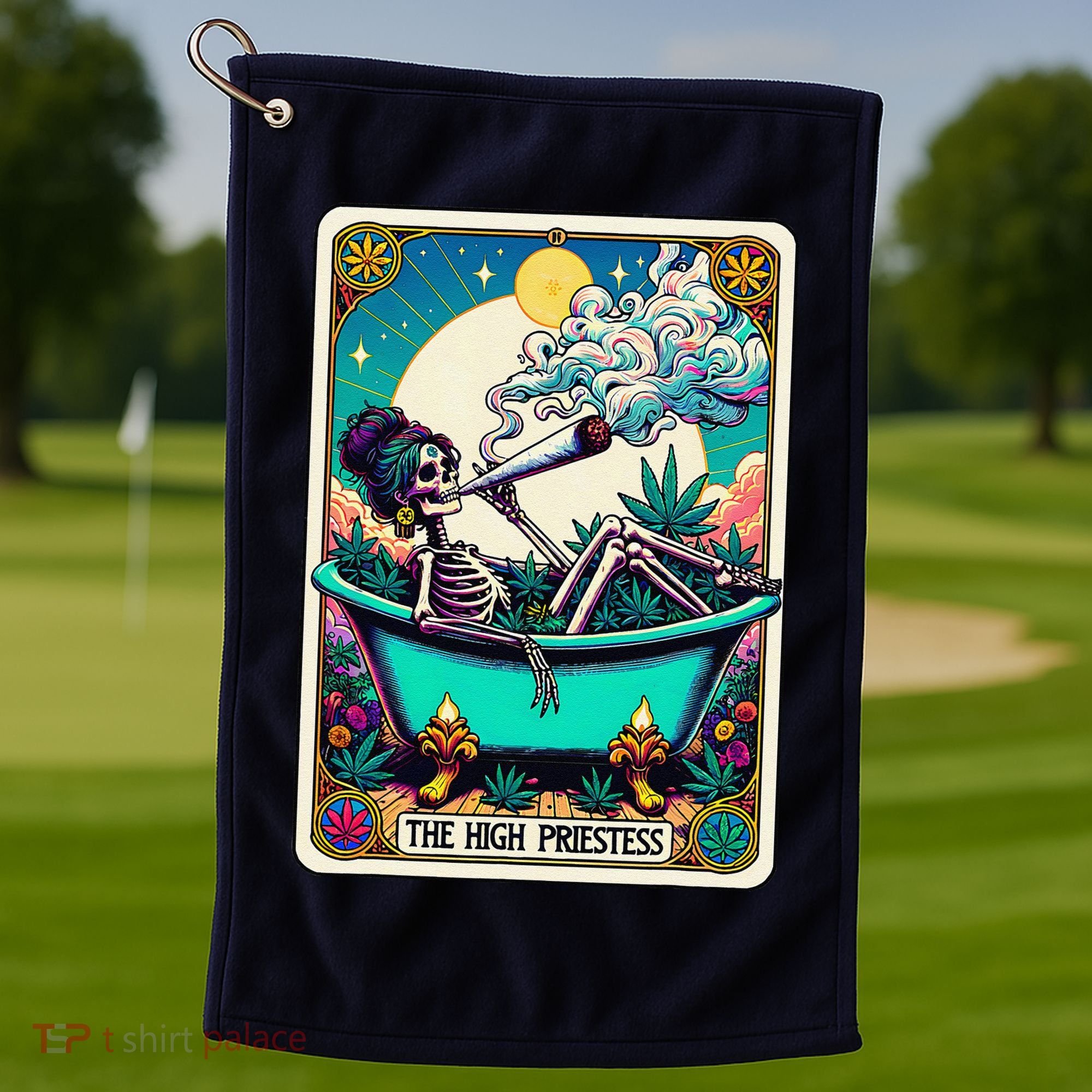The High Priest.Ess Retro Skeleton Marijuana Weed Tarot Card Golf Towel