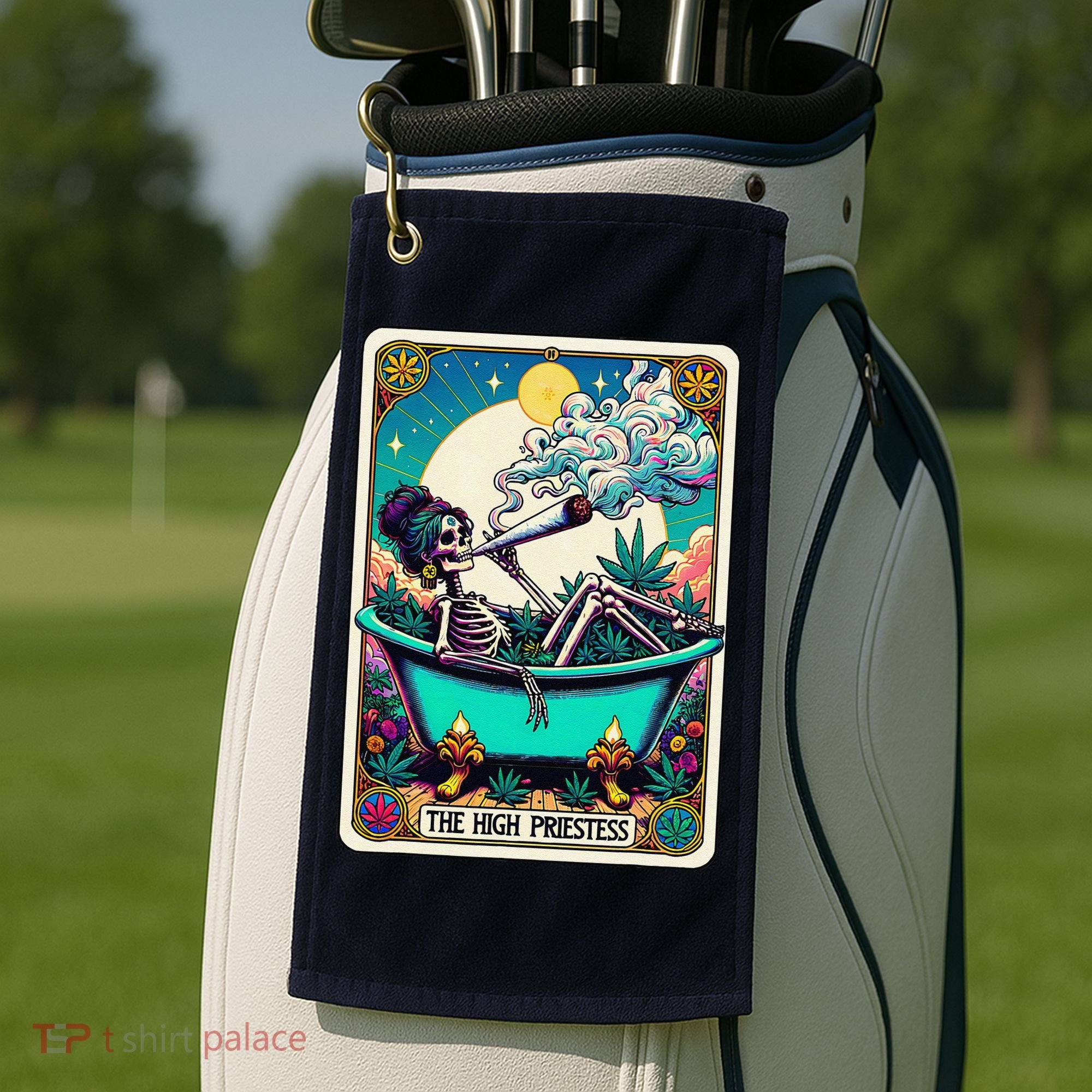 The High Priest.Ess Retro Skeleton Marijuana Weed Tarot Card Golf Towel