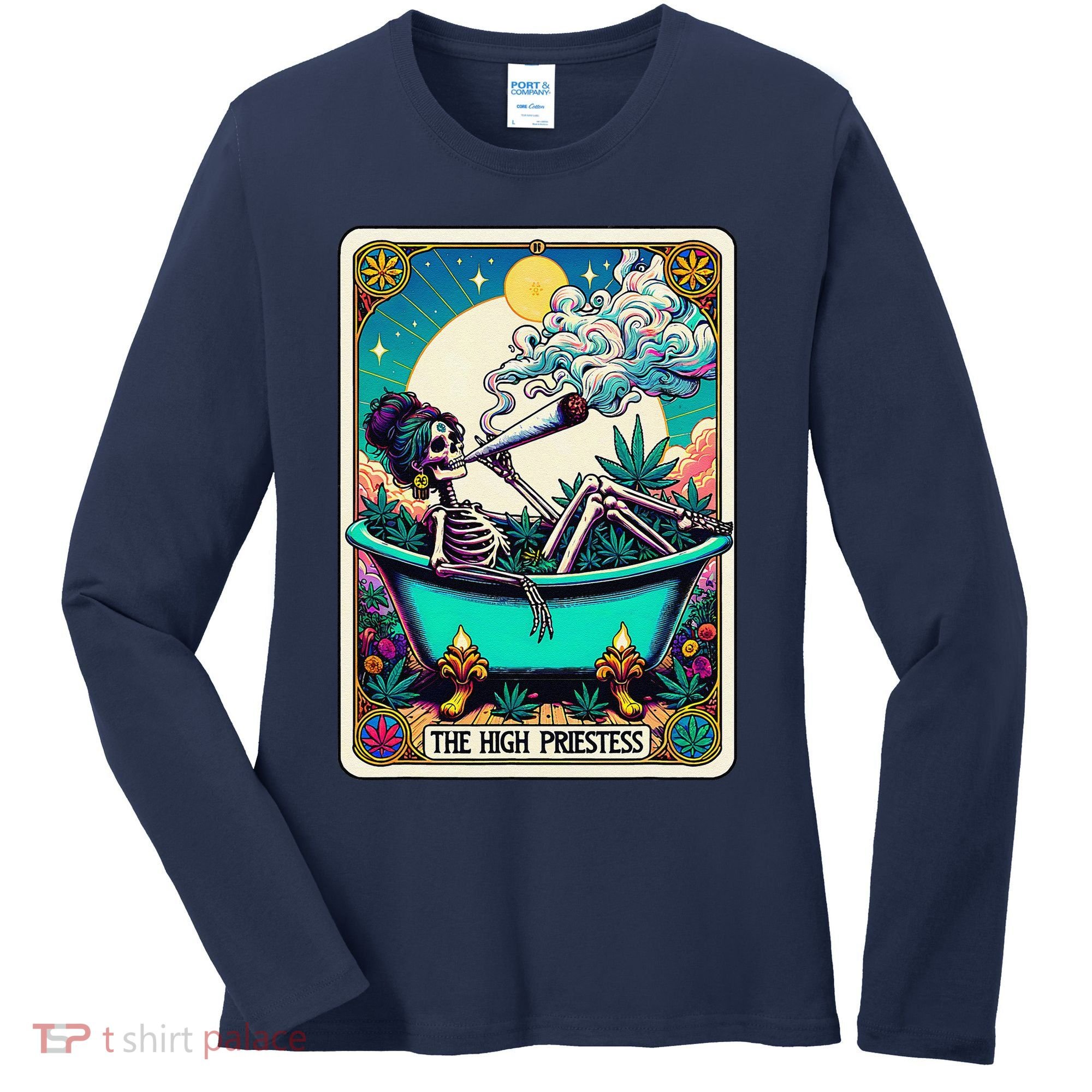The High Priest.Ess Retro Skeleton Marijuana Weed Tarot Card Women's Long Sleeve Shirt