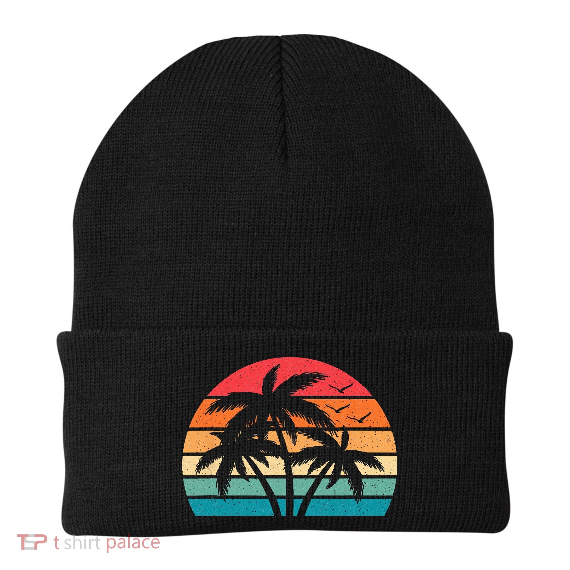 Tropical Hawaiian Retro Palm Tree Sunset Hawaii Beach Beanie