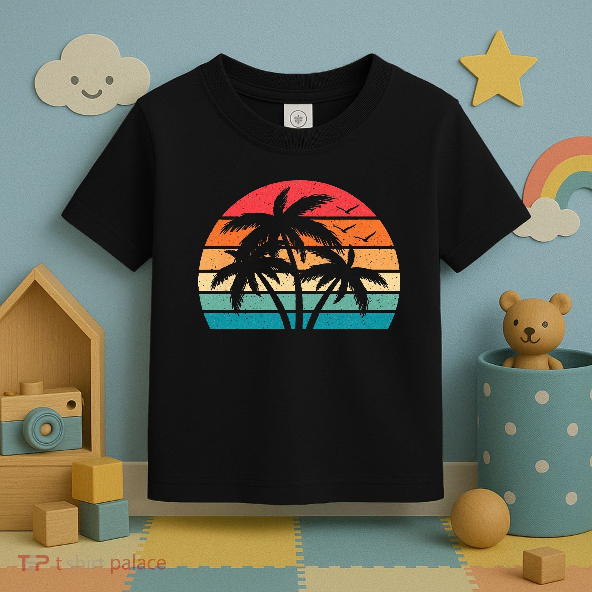 Tropical Hawaiian Retro Palm Tree Sunset Hawaii Beach Toddler T-Shirt