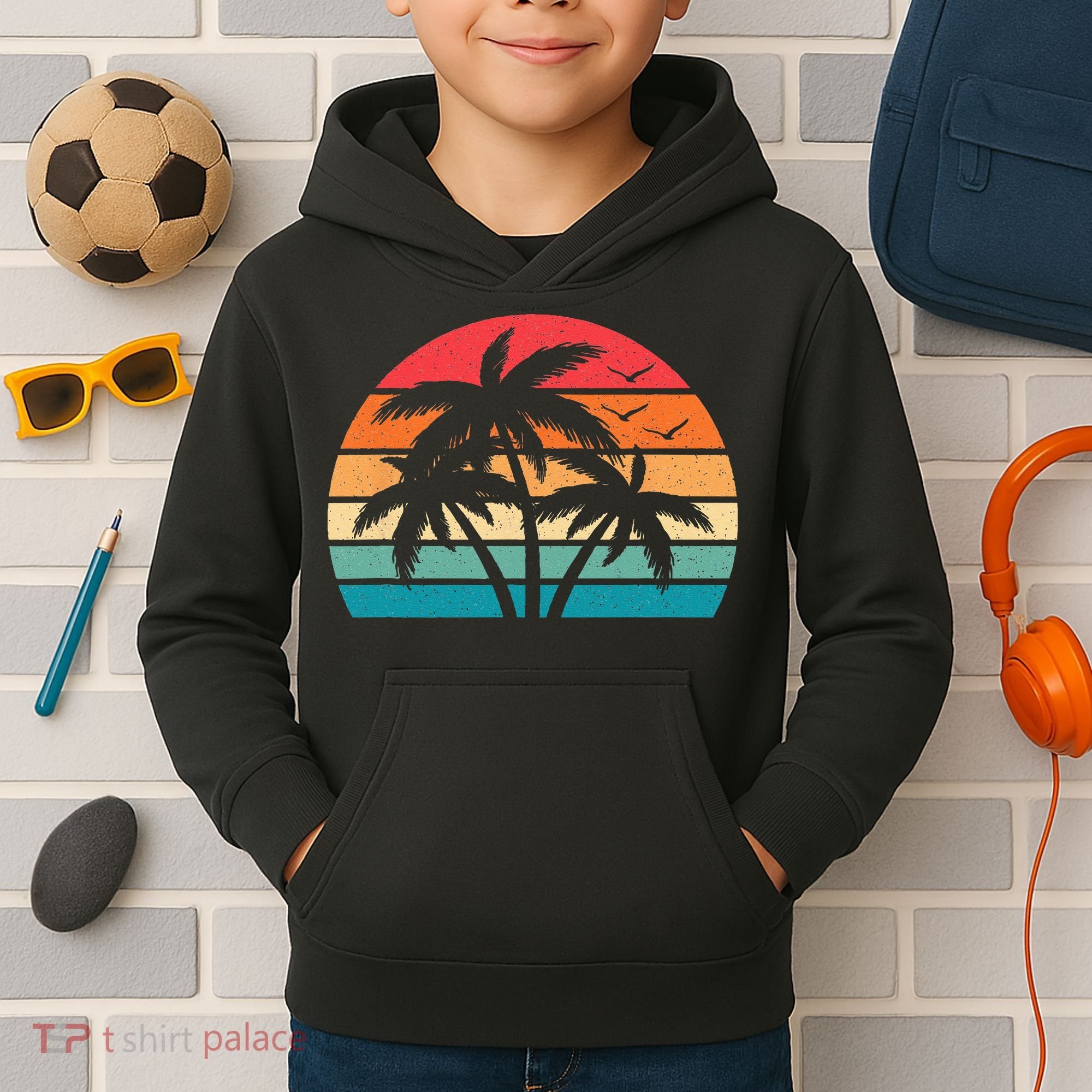Tropical Hawaiian Retro Palm Tree Sunset Hawaii Beach Kids Hoodie