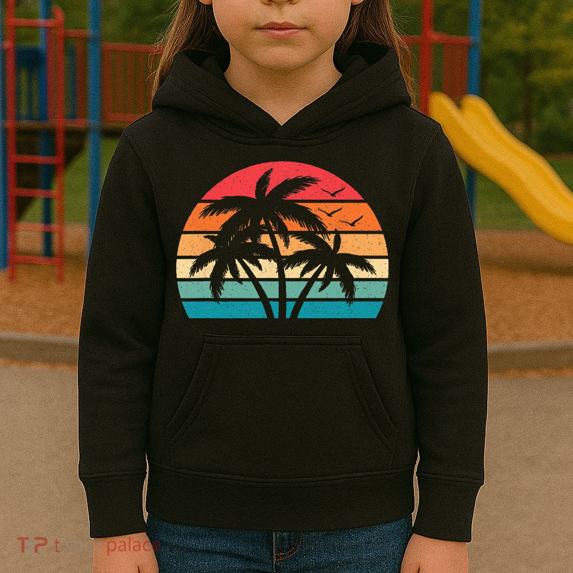 Tropical Hawaiian Retro Palm Tree Sunset Hawaii Beach Kids Hoodie