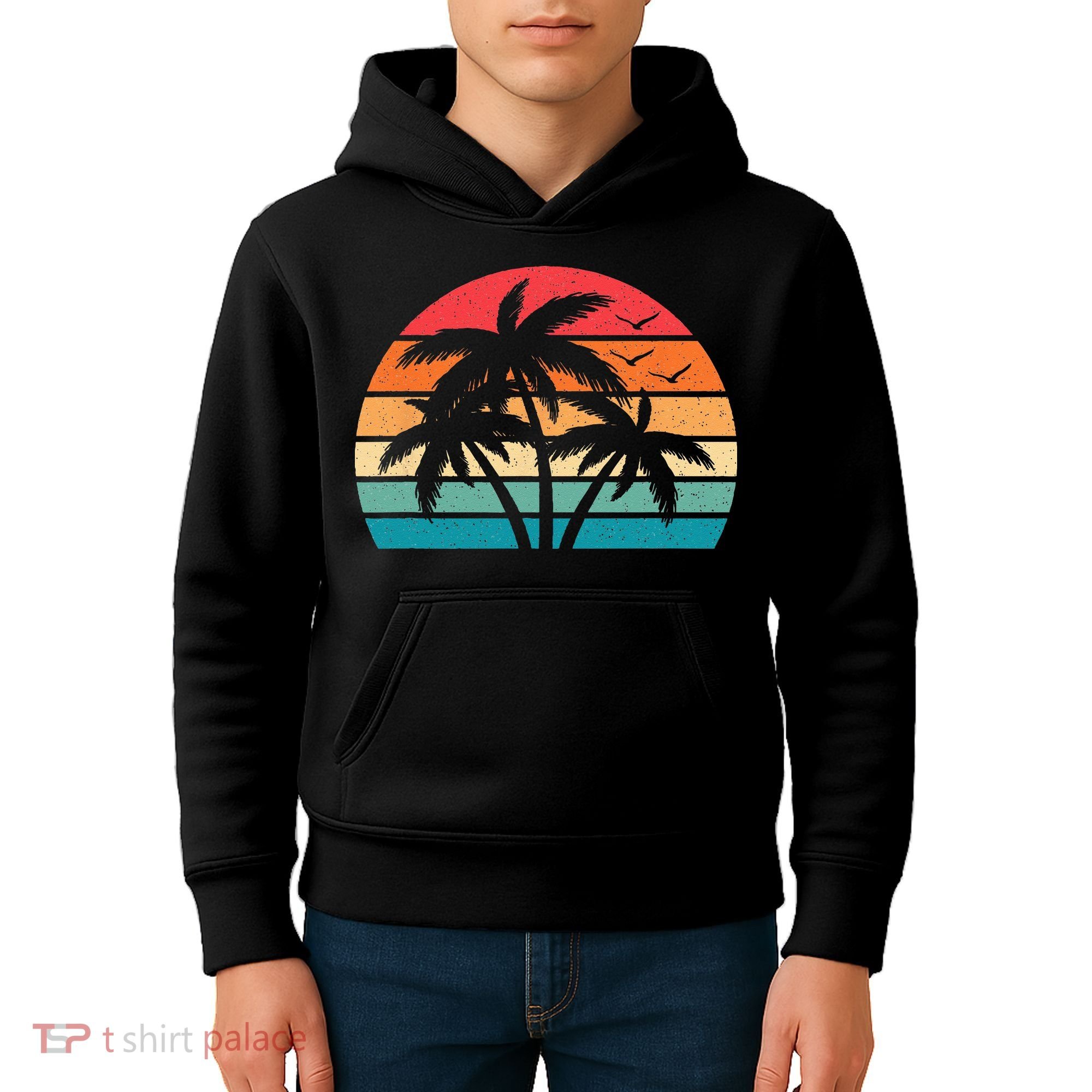 Tropical Hawaiian Retro Palm Tree Sunset Hawaii Beach Kids Hoodie