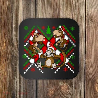 Three Wise Monkey Ugly Christmas Sweater Coaster