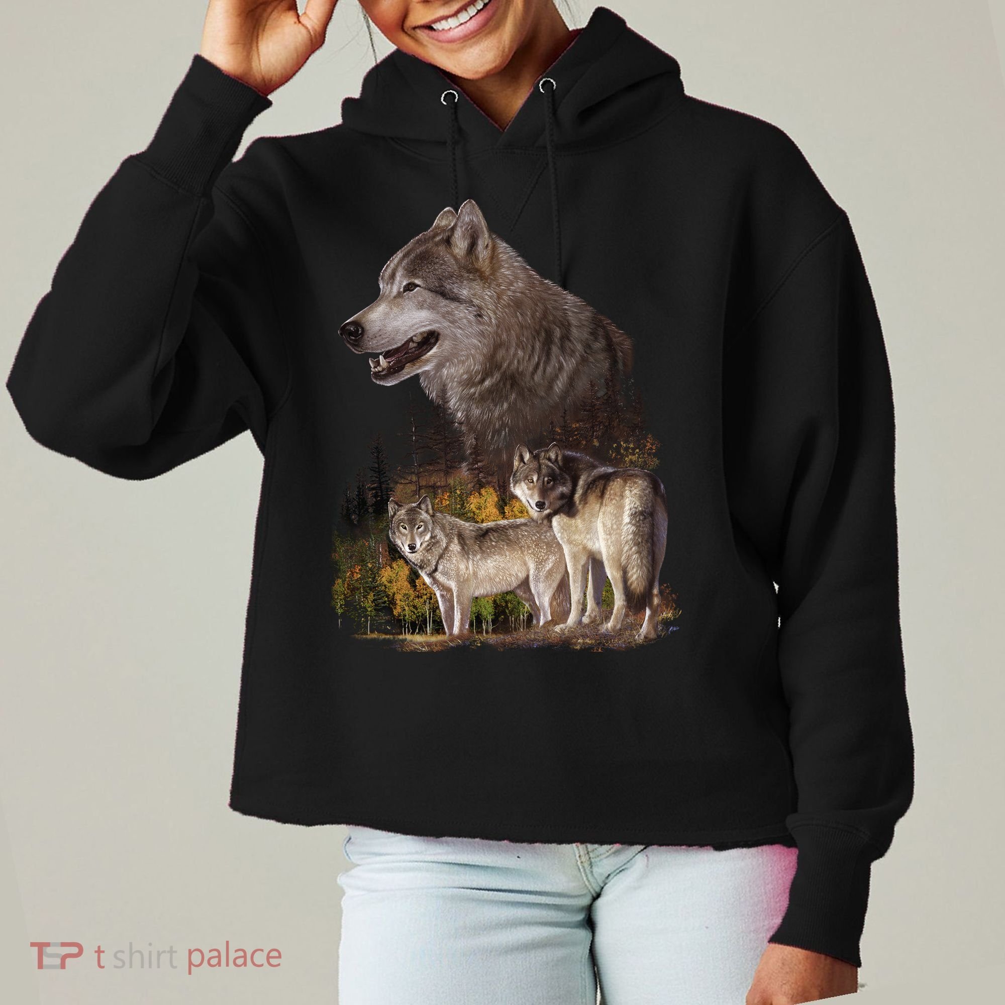 Three Wolf Collage Ladies Heavyweight Boxy Pullover Hoodie