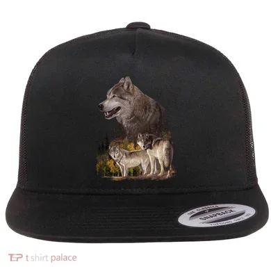 Three Wolf Collage Flat Bill Trucker Hat