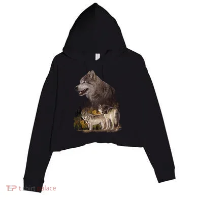 Three Wolf Collage Crop Fleece Hoodie