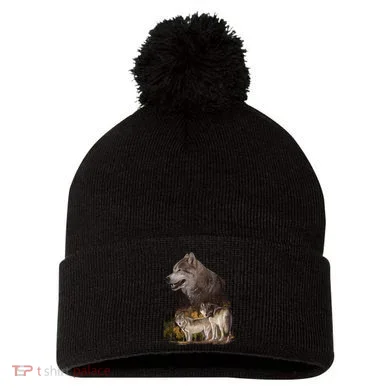 Three Wolf Collage Pom Pom 12in Knit Beanie