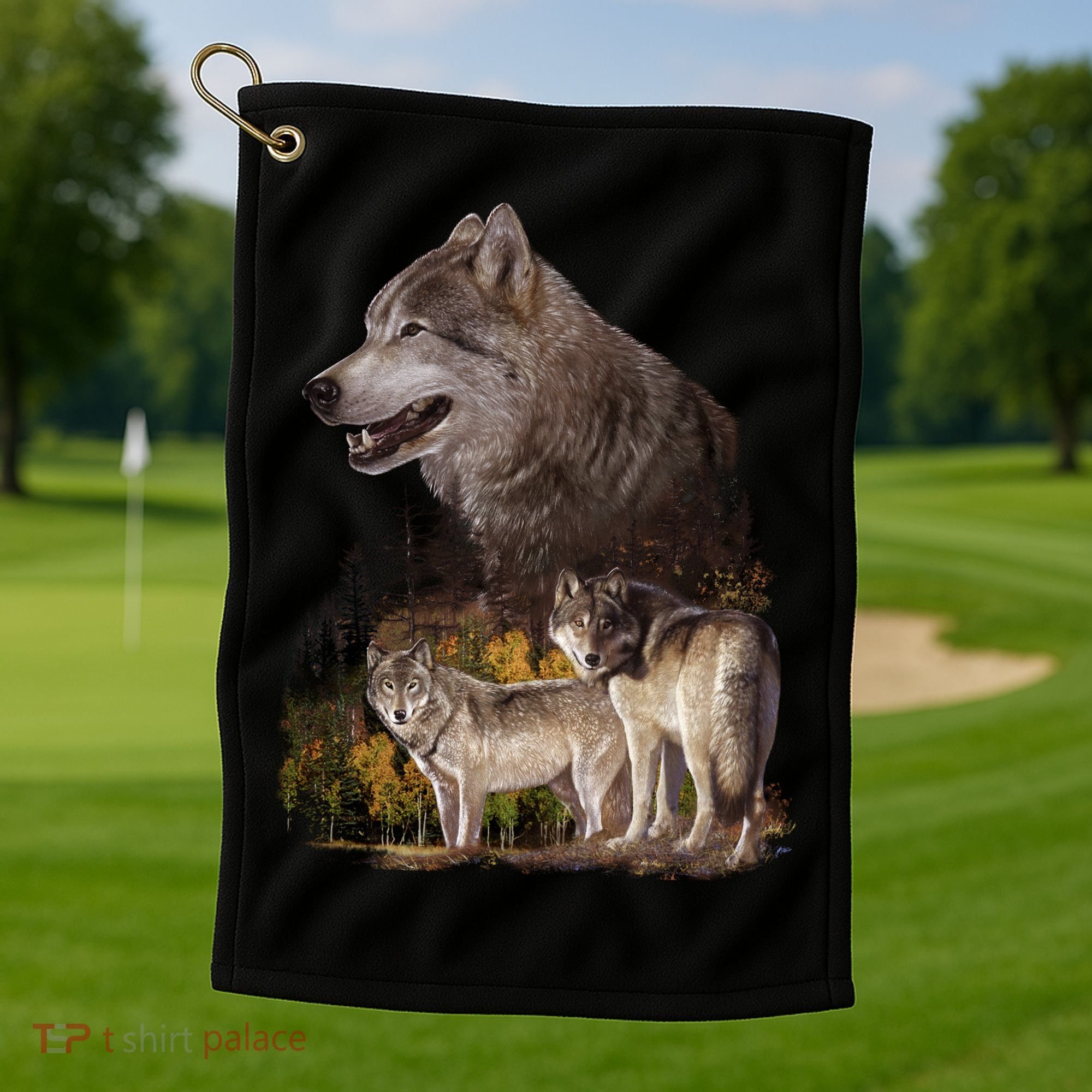 Three Wolf Collage Golf Towel