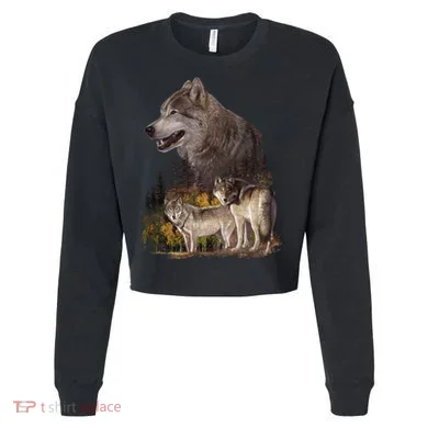 Three Wolf Collage Cropped Pullover Crew