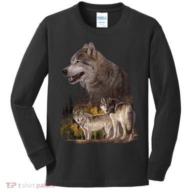 Three Wolf Collage Kids Long Sleeve Shirt