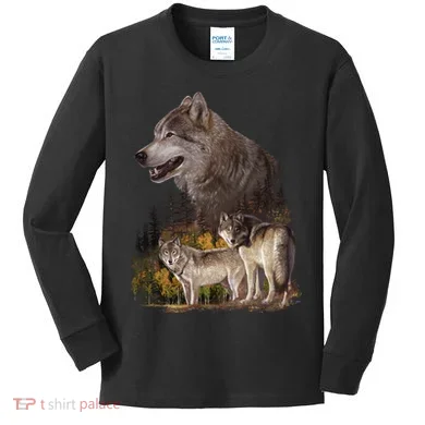 Three Wolf Collage Kids Long Sleeve Shirt