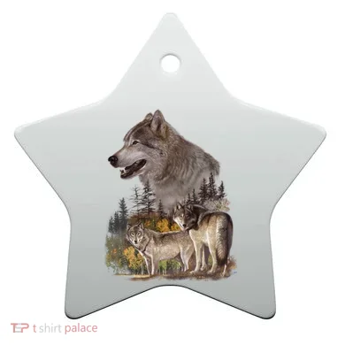 Three Wolf Collage Ceramic Ornament