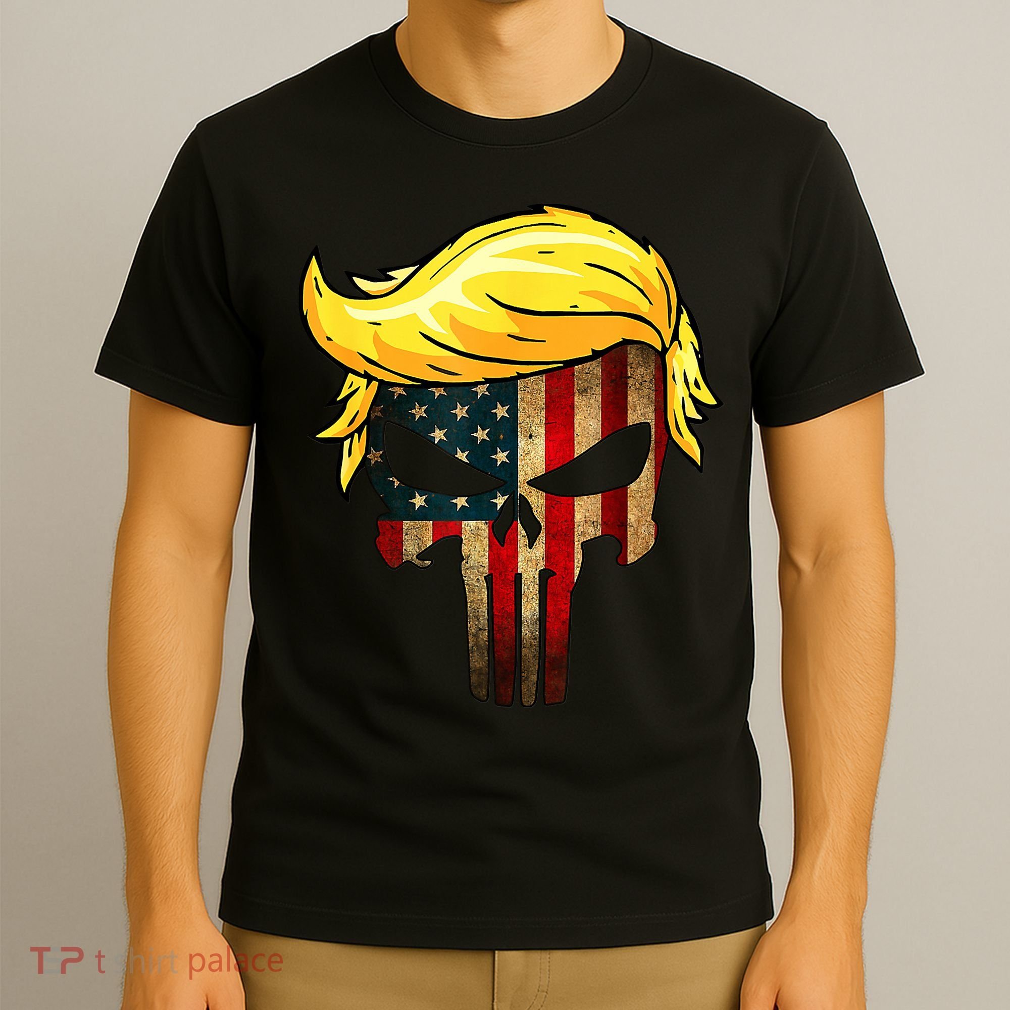 Trump Hair Skull 4th Of July US Flag Trump T-Shirt