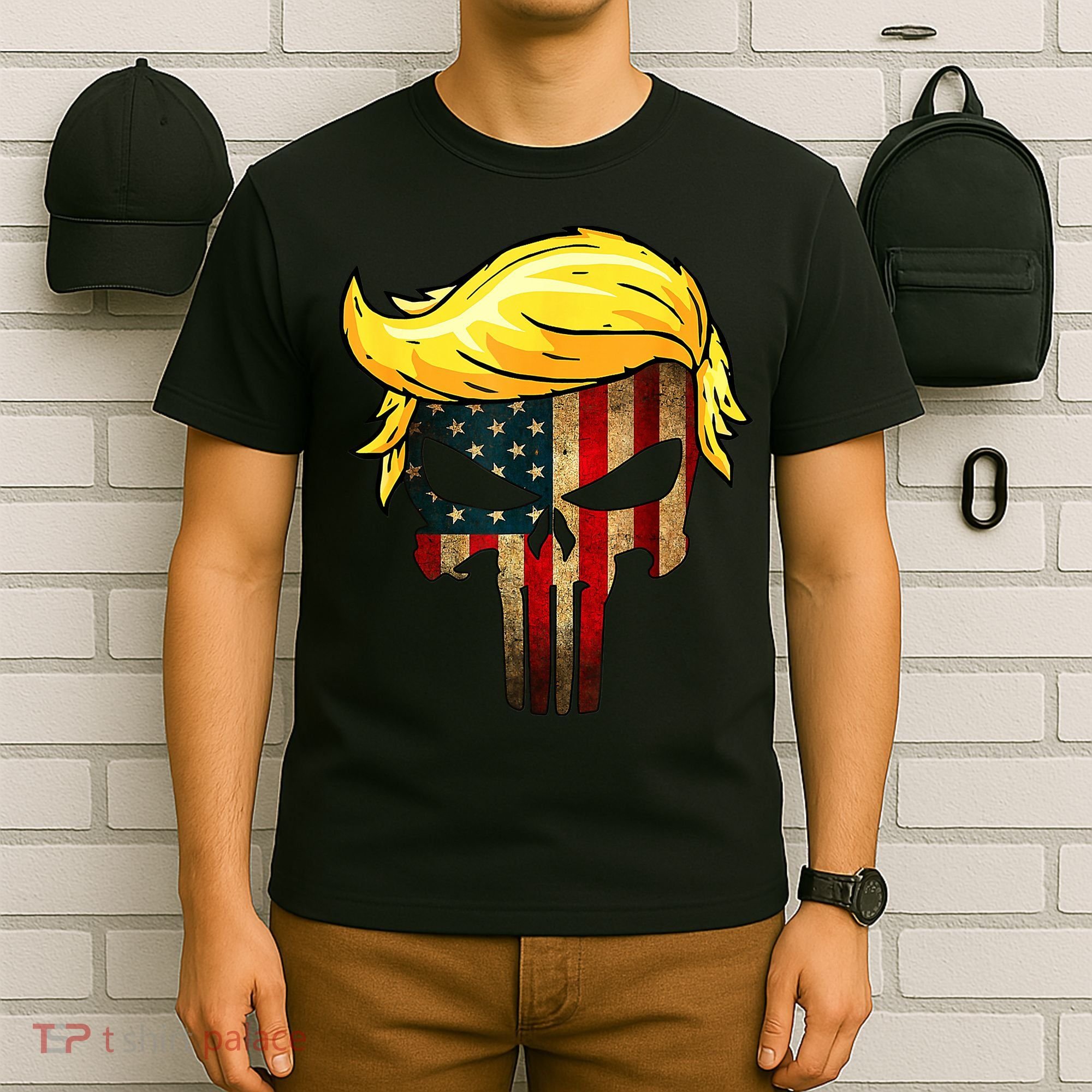 Trump Hair Skull 4th Of July US Flag Trump T-Shirt