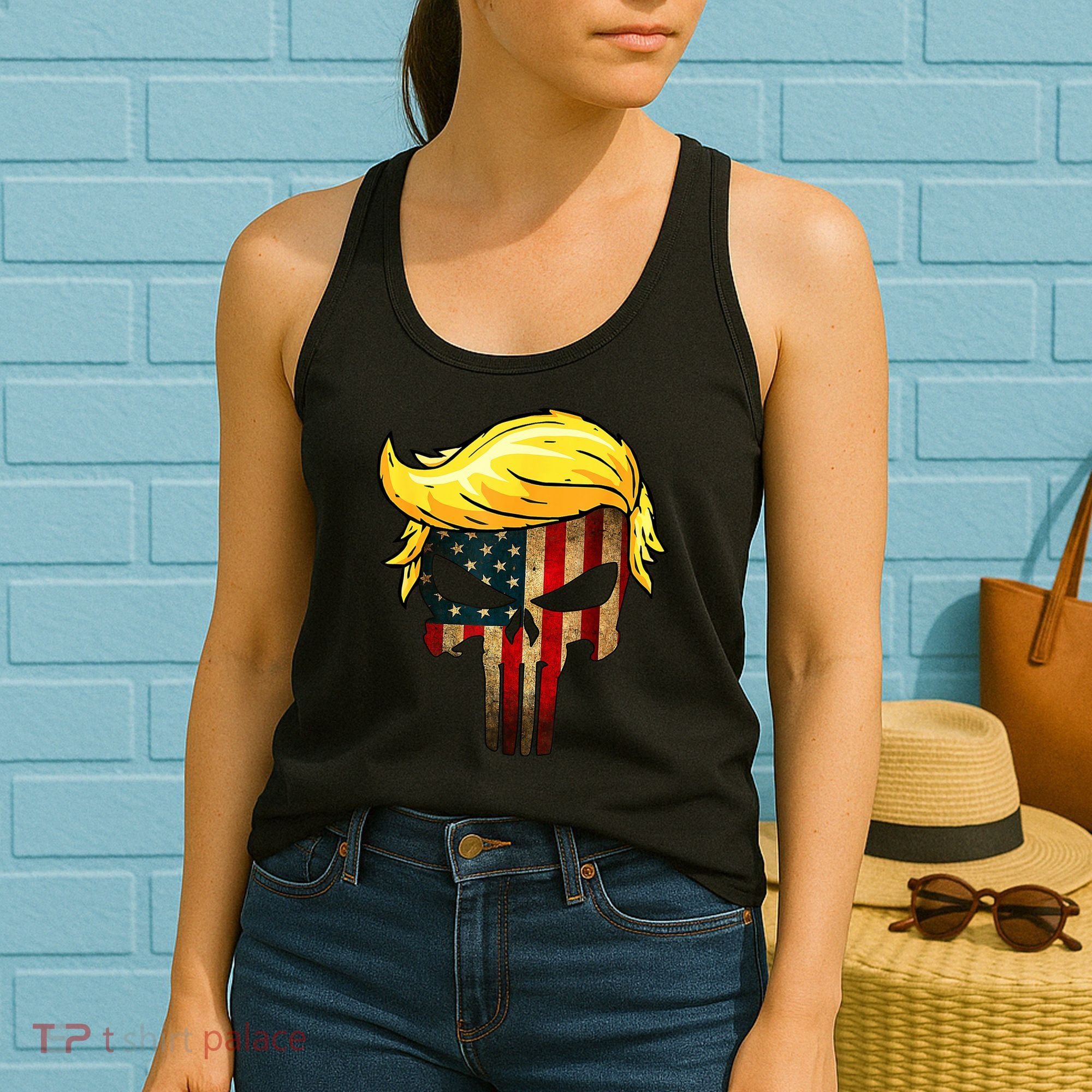 Trump Hair Skull 4th Of July US Flag Trump Women's Tank Top